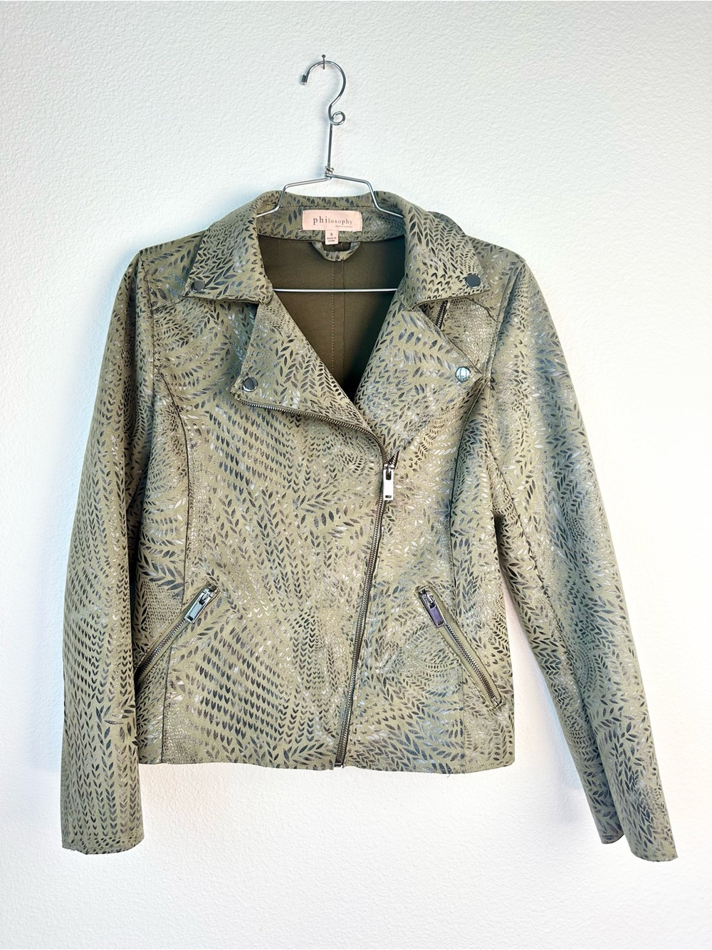 Philosophy Olive Green Leaf Collared Full Zip Moto Faux Leather Jacket S
